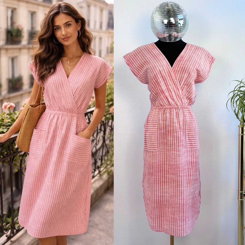 Kings Road Pink White Stripe Wrap Midi‎ Dress Tie Back V Neck Casual XS